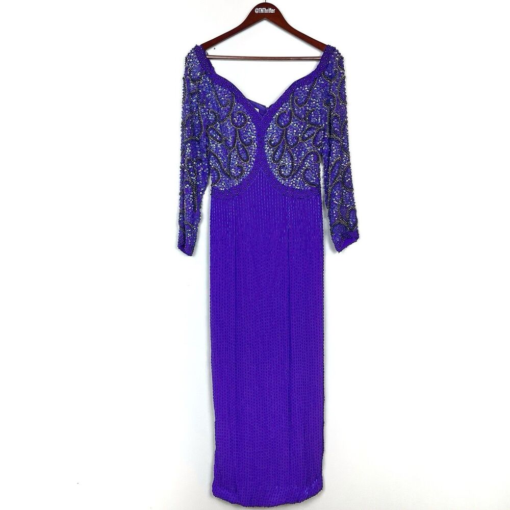 Alyce Originals Vintage 100% Silk Fully Beaded Long Sleeve Dress Purple Size 10